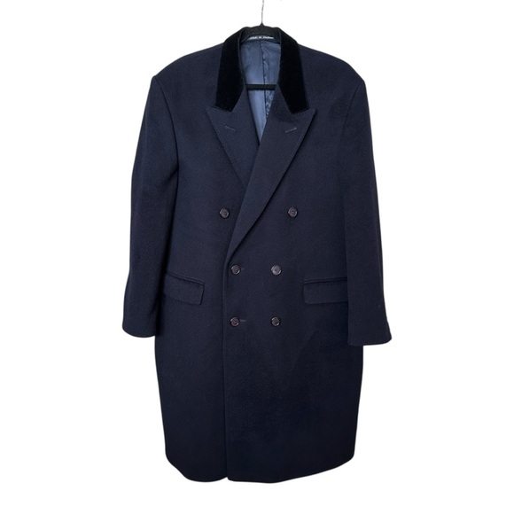 HARVIE & HUDSON London Vintage Navy Wool Overcoat Velvet Collar Quiet Luxury - Picture 16 of 16